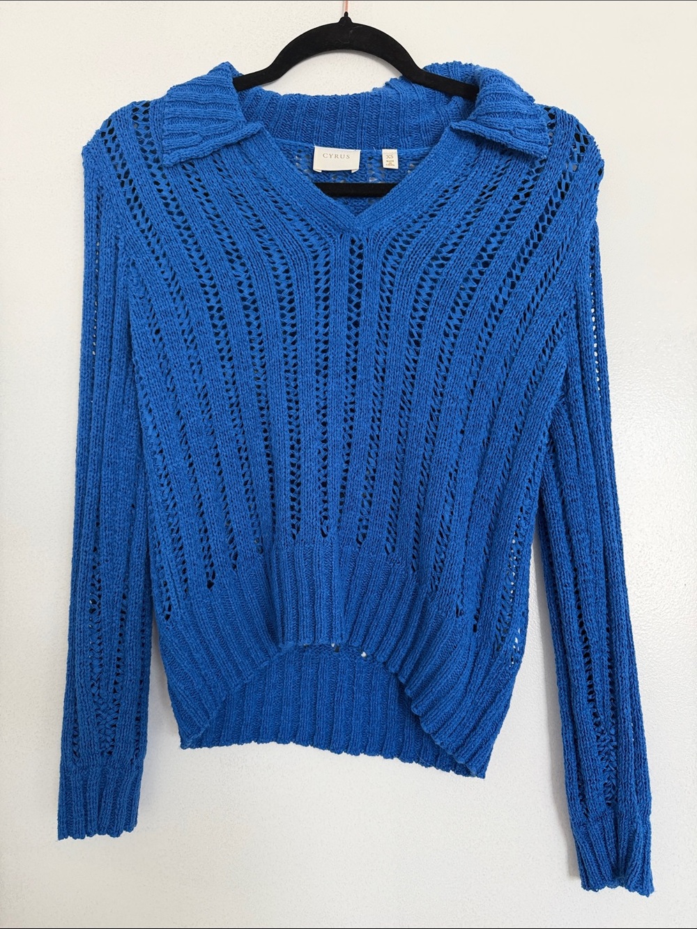 Cyrus cobalt blue open-knit V-neck sweater with collar